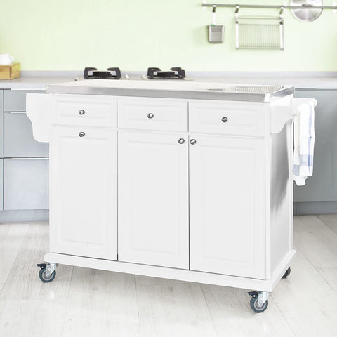 Rootz Luxury Kitchen Trolley with Large Storage Cabinet - Kitchen Island with Stainless Steel Worktop
