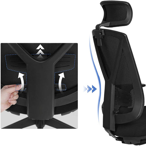 Rootz Office chair - Swivel chair - Headrest - Adjustable height - Rocker function - Lumbar support - Ergonomic - Black - Plastic - Mesh - 68.5 x 70 x (116-133) cm