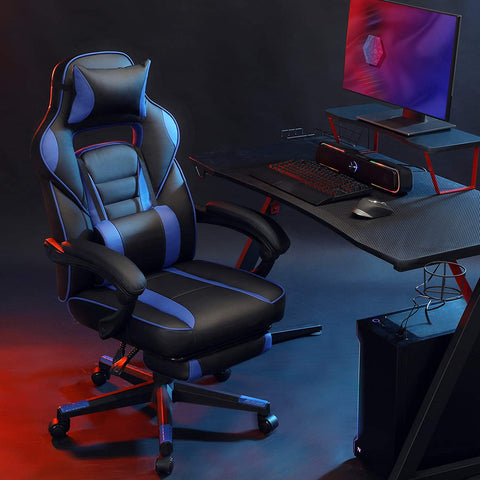 Rootz Office chair - Swivel chair - Leatherette - Footrest - Headrest - Lumbar cushion - Height Adjustable - Ergonomic - Black - Blue - 67 x 66 x (116-126) cm
