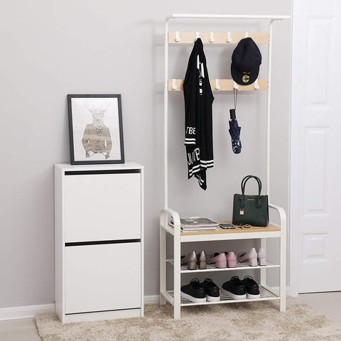 Rootz Standing Wardrobe Rack with Coat Rack - Shoe Rack and Bench - Vintage Industrial - Coat Racks - Beige / White - 72 x 33.7 x 183 cm