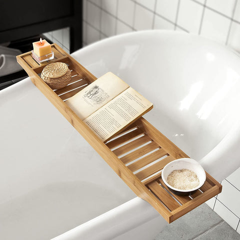 Rootz Bamboo Bathtub Rack - Caddy Tray Bathroom Shelf - Length 80cm