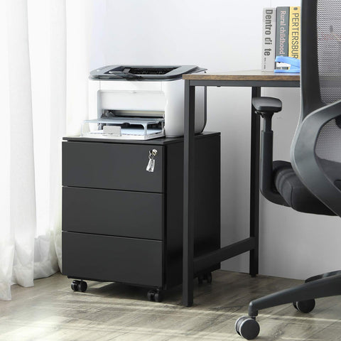 Rootz Rollcontainer - Steel Rolling Bin - Mobile Filing Cabinet - Lockable with 3 Drawers - File Storage - Office Supplies, Office, Home Office - Black