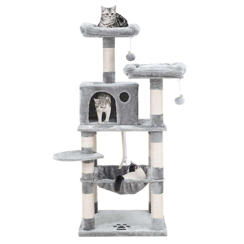 Rootz Cat Tree - Scratching Post - Climbing Tree for Cats - Cat Tower with Cave - Light Gray - 55 x 45 x 143 cm