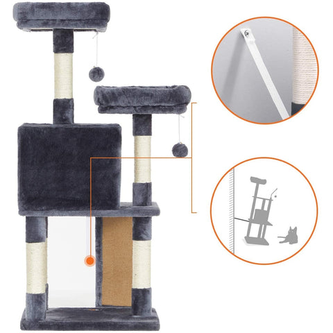 Rootz Scratching Post - Cat Tree - Cat Cave - 4 Levels - Smoke Gray - Beige - Plush - Sisal - 50 x 35 x 115 cm