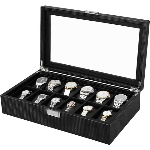 Rootz Watch Box - Watch Storage - 12 Compartments - Velvet - PU - Metal Buckle - Black - 36.2 X 9 X 21.3 cm