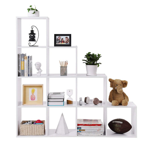 Rootz Bookcase - Stairs with 10 Cube Compartments - Wooden Display Shelf - Room Divider - White
