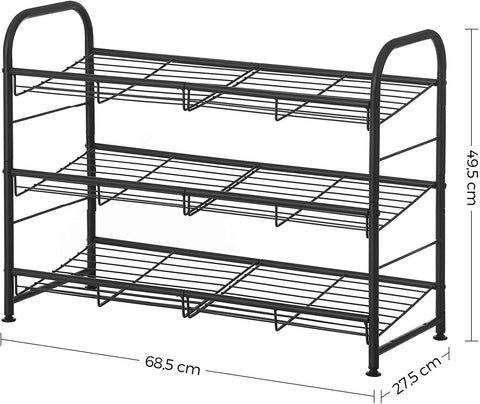 Rootz Shoe Rack - Shoes Organizer - 3 Levels - Max 12 Pairs of Shoes - Steel - Black - 68.5 x 27.5 x 49.5 cm