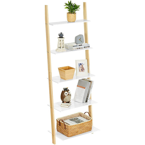 Rootz Ladder Cabinet - Bookcase - Ladder Shelf - 5 Levels - 60 x 35 x 171 cm - Solid Wood Frame - Matt White - Natural