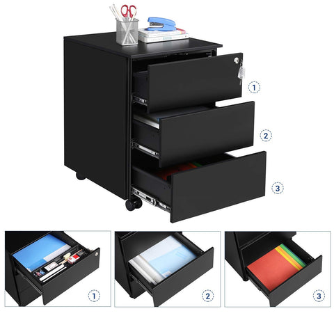 Rootz Rollcontainer - Steel Rolling Bin - Mobile Filing Cabinet - Lockable with 3 Drawers - File Storage - Office Supplies, Office, Home Office - Black