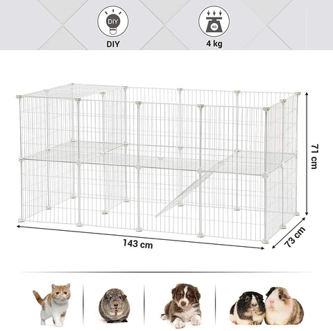 Rootz Animal Cage - Rabbit Hutch - Guinea Pig - 2 Floors - Metal Mesh - White - 143 x 73 x 71 cm