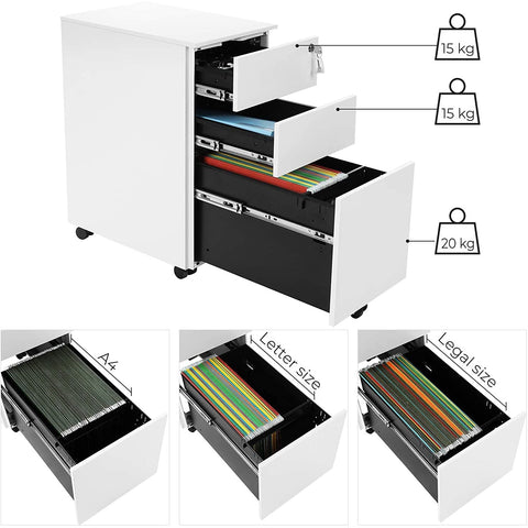 Rootz Filing Cabinet - On Wheels - Storage Cabinet - Cabinet with Lock - White