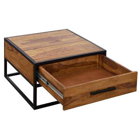 Rootz Industrial Coffee Table - Side Table - Solid Wood - Brown - Luxury Retro Vintage Glass Coffee Table With Storage Space - 65 x 38 x 65 cm