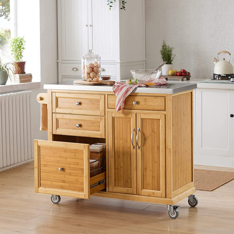 Rootz Kitchen Storage Trolley - Kitchen Island - Kitchen Cabinet - Cupboard - Sideboard with Stainless Steel Top