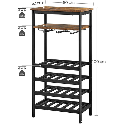 Rootz Wine Rack - Bottle Rack - 20 Bottles - Glass Holder - 50 x 32 x 100 cm - Industrial - Brown - Black