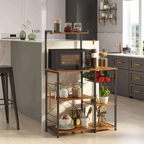 Rootz Kitchen Shelf with Metal Basket - Baker's Shelf with 6 S-Hooks and Shelves - Microwave Shelf - Spice Rack - Rack for Pots and Pans, Industrial Design