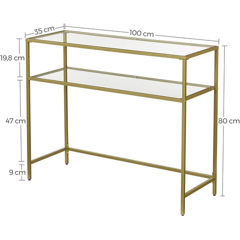 Rootz Console Table - Side Table - 2 Levels - Tempered Glass - Metal Frame - Adjustable Legs - Gold - 100 x 35 x 80 cm