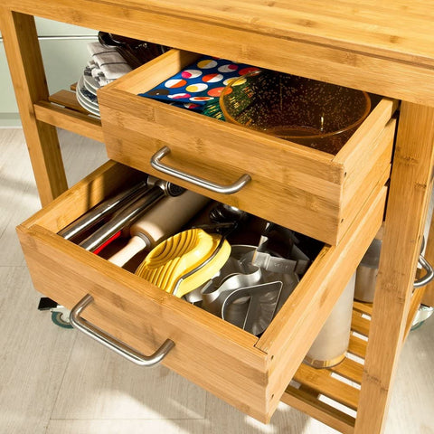 Rootz Bamboo Kitchen Trolley Cart - Storage Trolley Serving - Trolley with 2 Drawers and Shelves