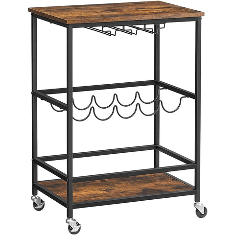 Rootz Kitchen trolley - Serving trolley - Bar trolley - On wheels - Bottle rack - Glass holders - Brown - Black - Processed Wood - Metal - 60 x 40 x 75 cm