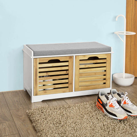 Rootz Storage Bench with 2 Drawers & Seat Cushion - Shoe Cabinet Storage Unit Bench
