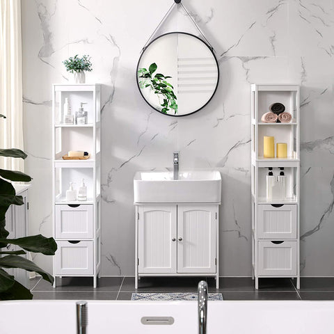 Rootz Storage Cabinet - Bathroom Cabinet - 2 Drawers - 3 Open Compartments - 30 x 30 x 141.5 cm - White