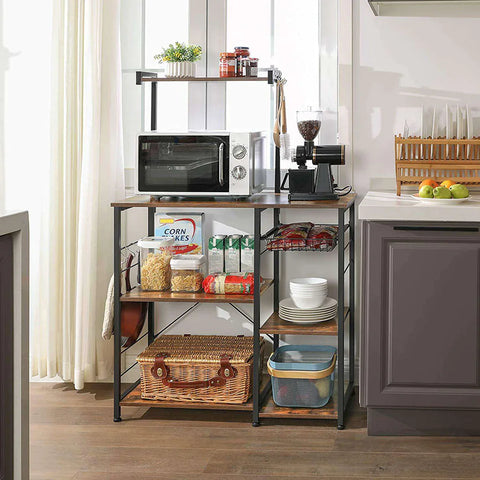 Rootz Kitchen Shelf with Metal Basket - Baker's Shelf with 6 S-Hooks and Shelves - Microwave Shelf - Spice Rack - Rack for Pots and Pans, Industrial Design
