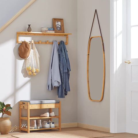 Rootz Bamboo Wall Mounted Coat Rack - Bathroom Wall Towel Rack Shelf with 6 Hooks