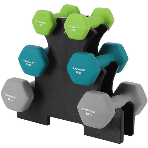 Rootz Dumbells Set - Dumbbells - Hexagonal - Dumbbell Rack - 1 kg - 2 kg - 3 kg - Strength Training - Lime Green - Aquamarine - Light Gray