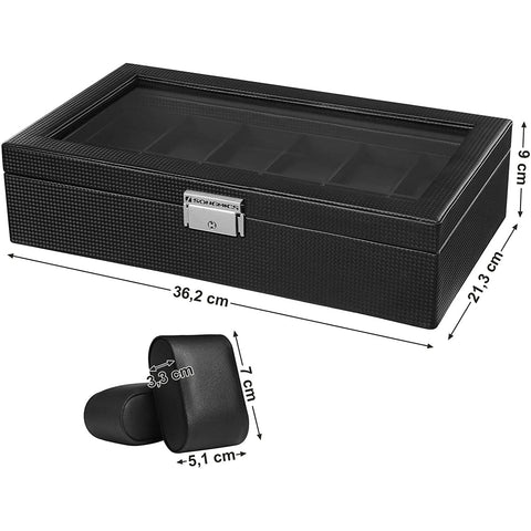 Rootz Watch Box - Watch Storage - 12 Compartments - Velvet - PU - Metal Buckle - Black - 36.2 X 9 X 21.3 cm