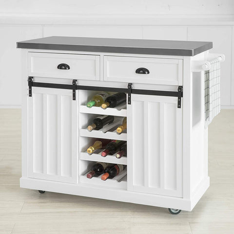Rootz Kitchen Storage Trolley - Kitchen Cabinet - Cupboard - Sideboard - Kitchen Island with Stainless Steel Top & 2 Sliding Doors