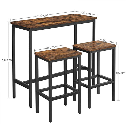 Rootz Bar Table Set - Dining Set - High Table - 2 Stools - Brown - Black - Processed Wood - Metal