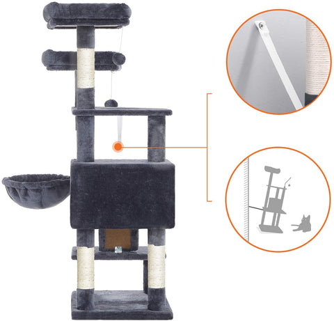 Rootz Scratching Post - Cat Tree - Hammock - Cave - Plush - Sisal - 6 Levels - Smoke Gray - 50 x 45 x 142 cm