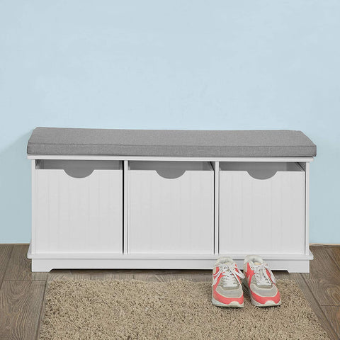 Rootz Storage Bench with 3 Drawers & Removable Seat Cushion - Shoe Storage Cabinet - White