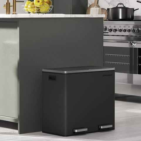 Rootz 48L Trash Can - Garbage Can - Pedal Bin - 2 Compartments - Soft Close - Inner Buckets - Foot Pedals - Handles - Black