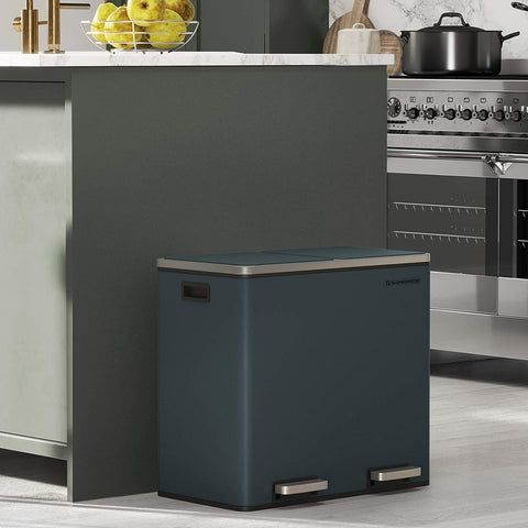 Rootz 48L Trash Can - Garbage Can - Pedal Bin - 2 Compartments - Soft Close - Inner Buckets - Foot Pedals - Handles - Black