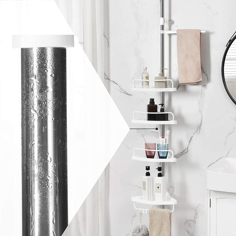 Rootz Shower Rack - Shower Shelf - Bathroom Shelf - Adjustable Height - Corner - 95-300 cm - Stainless Steel - 4 Levels - 3 Hooks - White-Silver