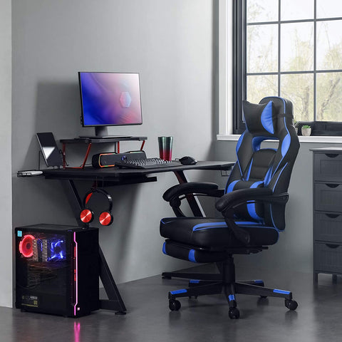 Rootz Office chair - Swivel chair - Leatherette - Footrest - Headrest - Lumbar cushion - Height Adjustable - Ergonomic - Black - Blue - 67 x 66 x (116-126) cm