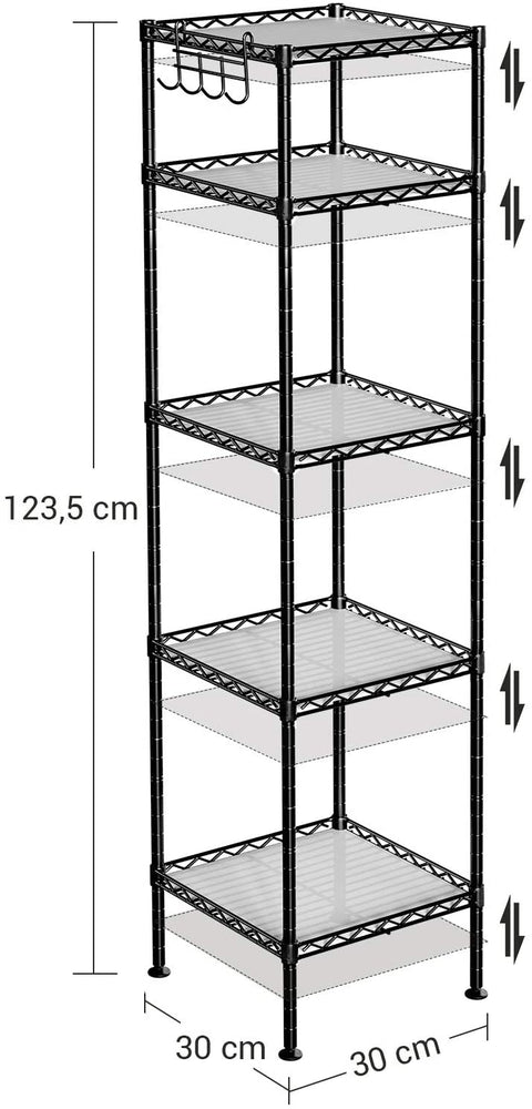 Rootz Bathroom rack - Storage rack - Shelving unit - 4/5 Levels - Steel - Black - Hooks - 30 x 30 x 123.5 cm