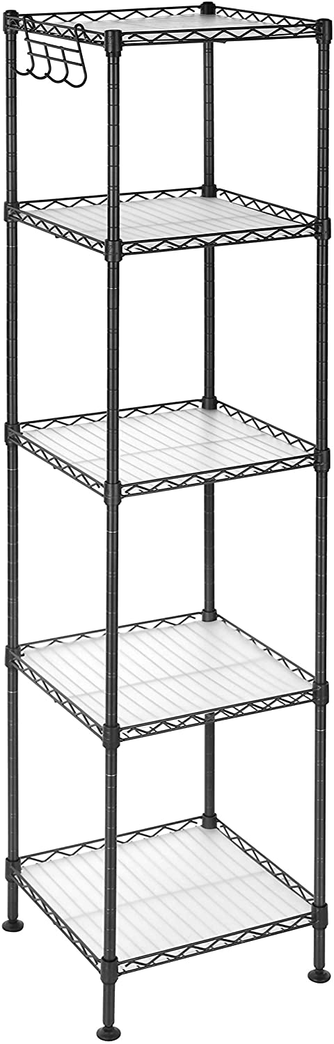 Rootz Bathroom rack - Storage rack - Shelving unit - 4/5 Levels - Steel - Black - Hooks - 30 x 30 x 123.5 cm