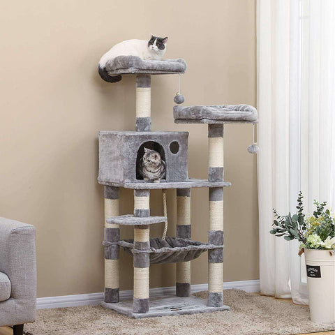 Rootz Cat Tree - Scratching Post - Climbing Tree for Cats - Cat Tower with Cave - Light Gray - 55 x 45 x 143 cm