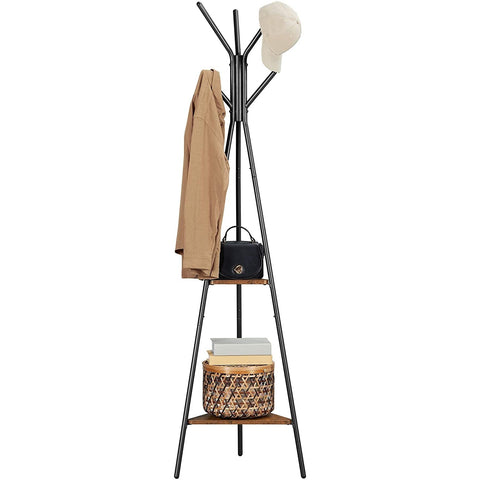 Rootz Coat Rack - Tree Shape - Industrial - 2 Shelves - 5 Hooks - Standing Coat Rack - Brown - Black