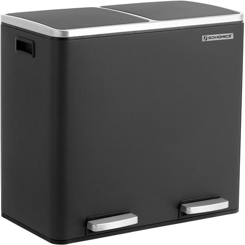 Rootz 48L Trash Can - Garbage Can - Pedal Bin - 2 Compartments - Soft Close - Inner Buckets - Foot Pedals - Handles - Black