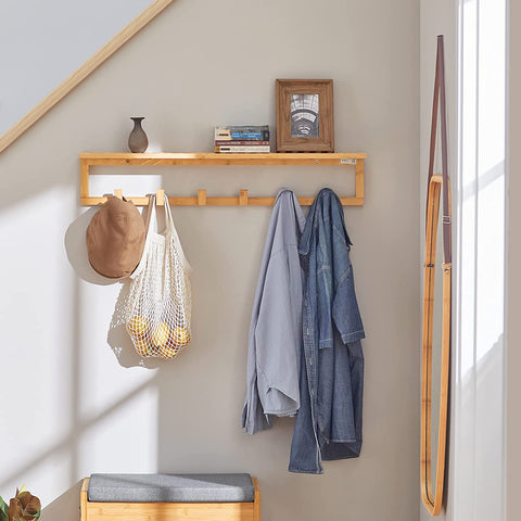 Rootz Bamboo Wall Mounted Coat Rack - Bathroom Wall Towel Rack Shelf with 6 Hooks