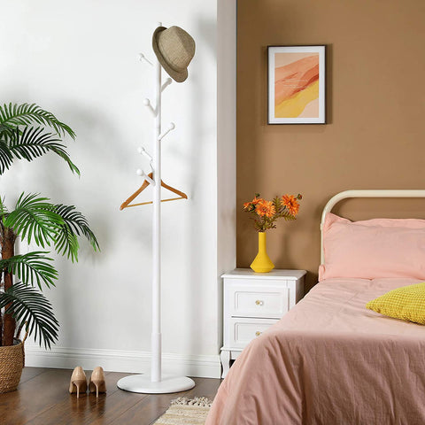 Rootz Coat Rack - Freestanding - 7 Hooks - Rounded Hooks - Solid Rubber Wood - White 38 x 38 x 175 cm