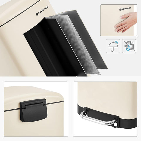 Rootz Trash Can - Pedal Bin - 30L - Steel - Inner Bucket - Soft Close - Airtight - Cream White - 34 x 25 x 61.5 cm