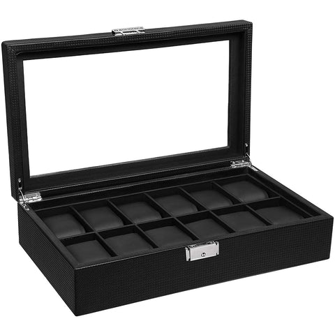 Rootz Watch Box - Watch Storage - 12 Compartments - Velvet - PU - Metal Buckle - Black - 36.2 X 9 X 21.3 cm