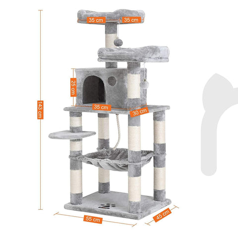 Rootz Cat Tree - Scratching Post - Climbing Tree for Cats - Cat Tower with Cave - Light Gray - 55 x 45 x 143 cm