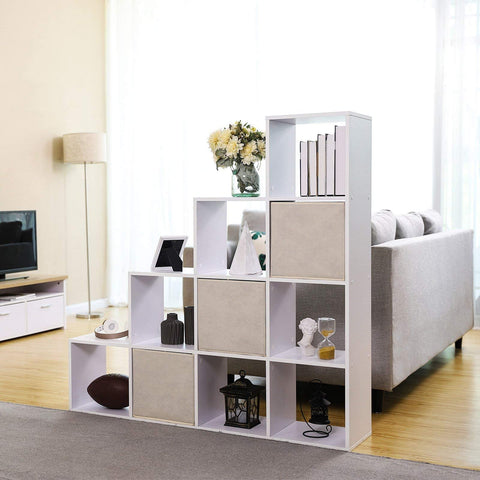Rootz Bookcase - Stairs with 10 Cube Compartments - Wooden Display Shelf - Room Divider - White