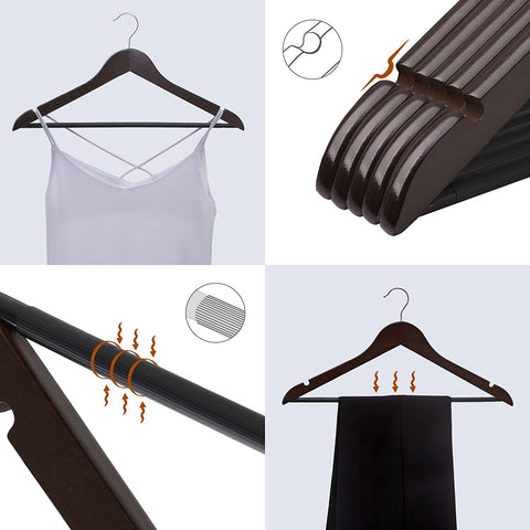 Rootz Maple Wooden Clothes Hangers - 20 Pieces - Skirt notches - Trouser bridge - Rotatable - Clothes - Suit - Jacket - Pants - Black