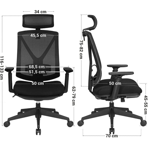 Rootz Office chair - Swivel chair - Headrest - Adjustable height - Rocker function - Lumbar support - Ergonomic - Black - Plastic - Mesh - 68.5 x 70 x (116-133) cm