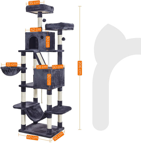 Rootz Scratching Post - Cat Tree - Hammock - Cave - Plush - Sisal - 7 Levels - Smoke Gray - 60 x 50 x 206 cm